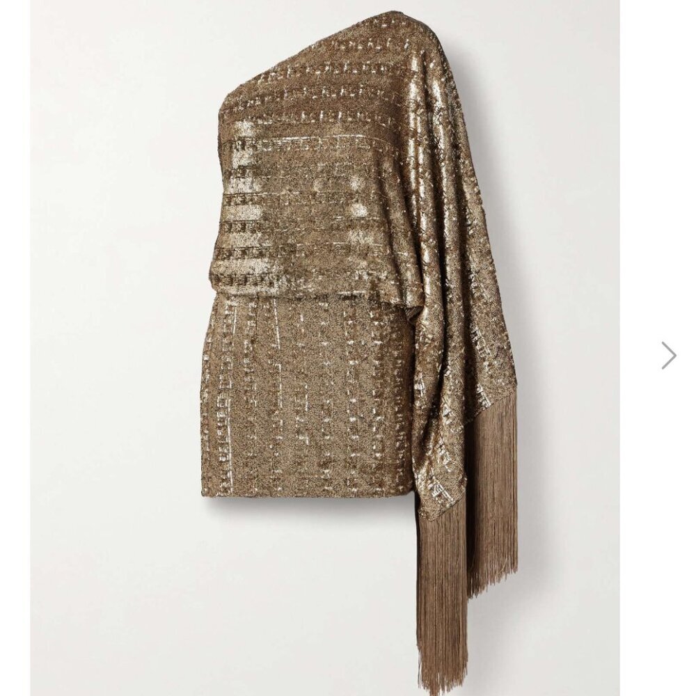 Gold One-Shoulder Sequin Fringe Mini Dress - Picture 8 of 10